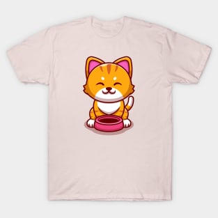 Cute Cat With Cat Bowl Cartoon T-Shirt